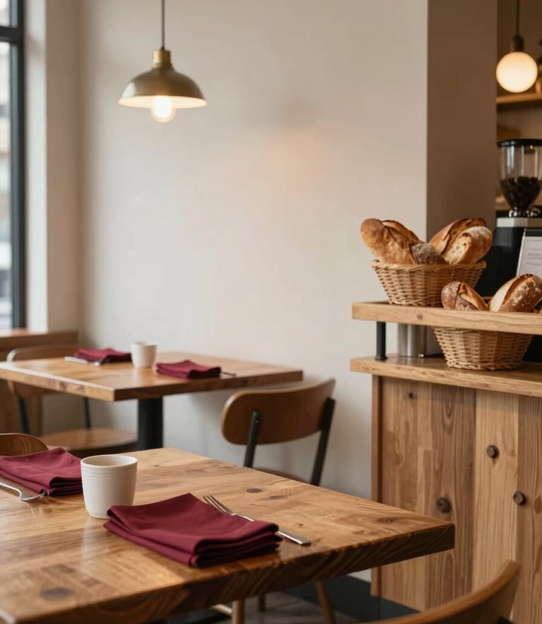 A cozy, Scandinavian-inspired North American / US bistro interior. Rustic wooden tables, warm ambient lighting, and artisanal bread baskets on the counter. Deep Ripe Crimson napkins provide a pop of color against a clean, Crisp Parchment wall.