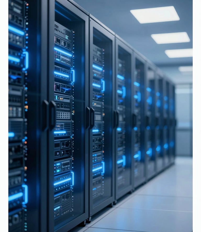 A futuristic data center corridor with glowing blue server racks and glass panels, reflecting the professional and innovative atmosphere of Gigabase Solutions, using a palette of #0A1128 and #4A6FA5.