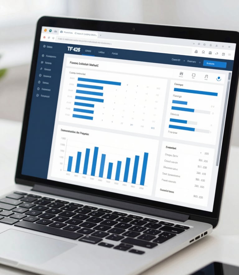A close-up of a modern software dashboard interface on a laptop screen, showing clean data visualizations and graphs in professional blue tones (#1F4287, #4A6FA5) on a bright office desk.