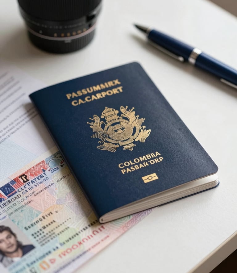 Close-up photography of a Colombian passport and official visa documents on a clean white desk, soft natural light, professional and organized composition with a navy blue pen.