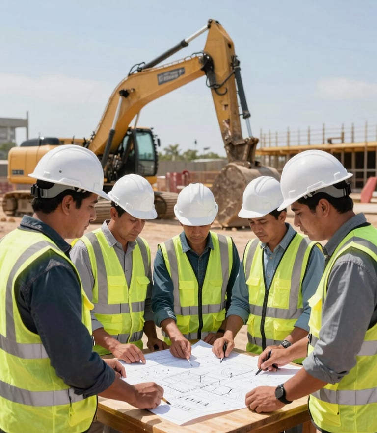 A group of professional engineers in North American / Mexican construction attire, wearing white hard hats and safety vests, reviewing technical blueprints on a wooden table at a large-scale construction site. In the background, heavy excavation machinery is visible under a clear, bright sky. Professional photography, sharp focus, daytime lighting.