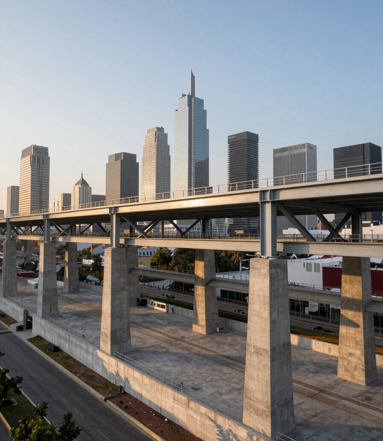 Wide-angle architectural photograph of a modern urban infrastructure project in a major Mexican city. The scene showcases steel structures and sleek concrete foundations with a backdrop of a contemporary skyline. The lighting is early morning gold, emphasizing textures and clean lines. Professional industrial photography style.