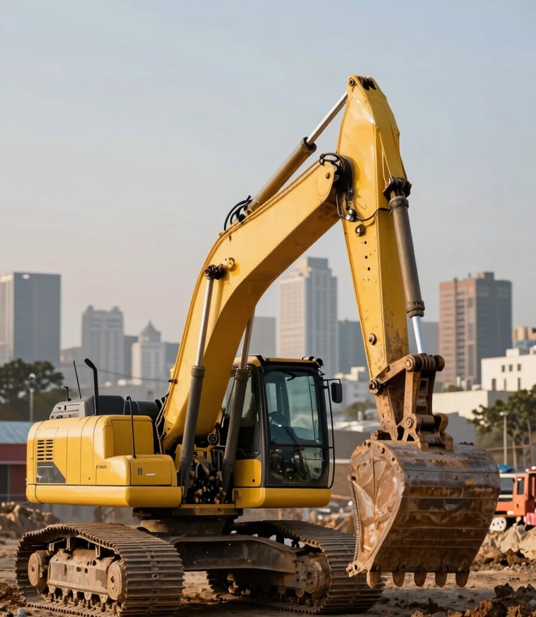 A powerful yellow excavator working on a construction site with a blurred Mexican urban skyline in the background, late afternoon warm sunlight, high-quality professional photography.