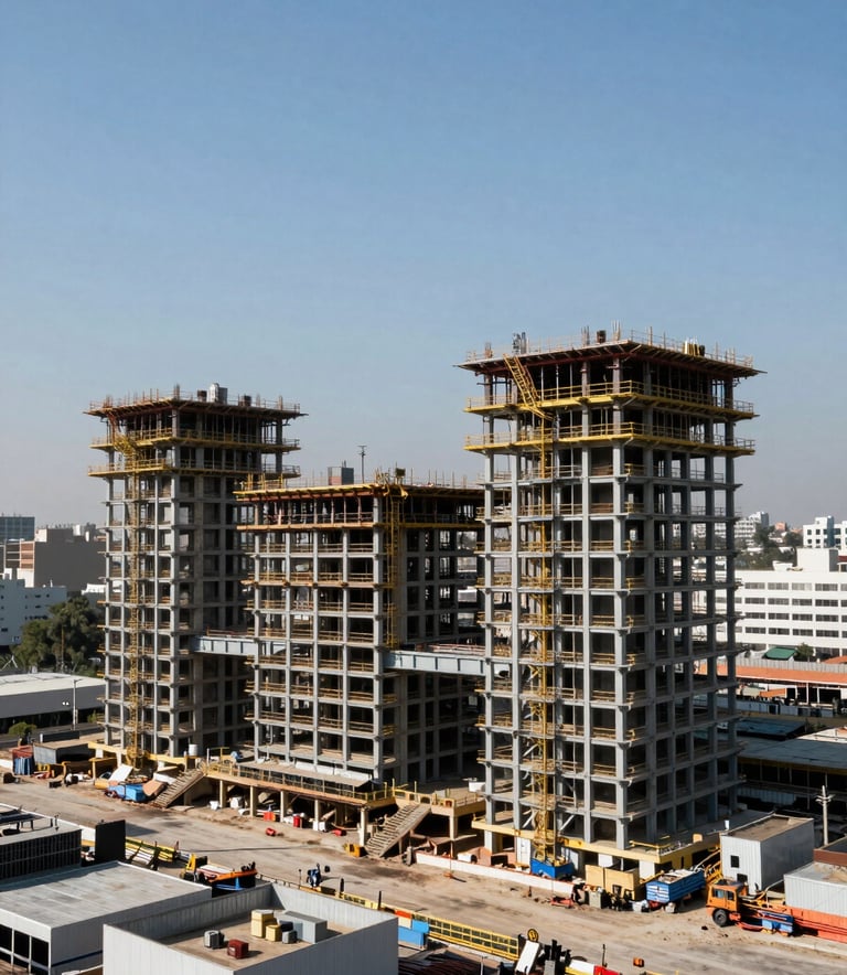 A wide-angle shot of a large urban construction site in a North American / Mexican metropolitan area, featuring modern steel structures rising against a clear blue sky, professional lighting, industrial scale.