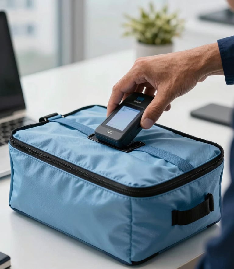 A close-up photograph of a professional hand scanning a secure, sealed logistical pouch with a digital device. The setting is a modern, brightly lit office environment in a South American / Brazilian city. The scene uses colors like light blue and dark blue to convey professionalism and security.