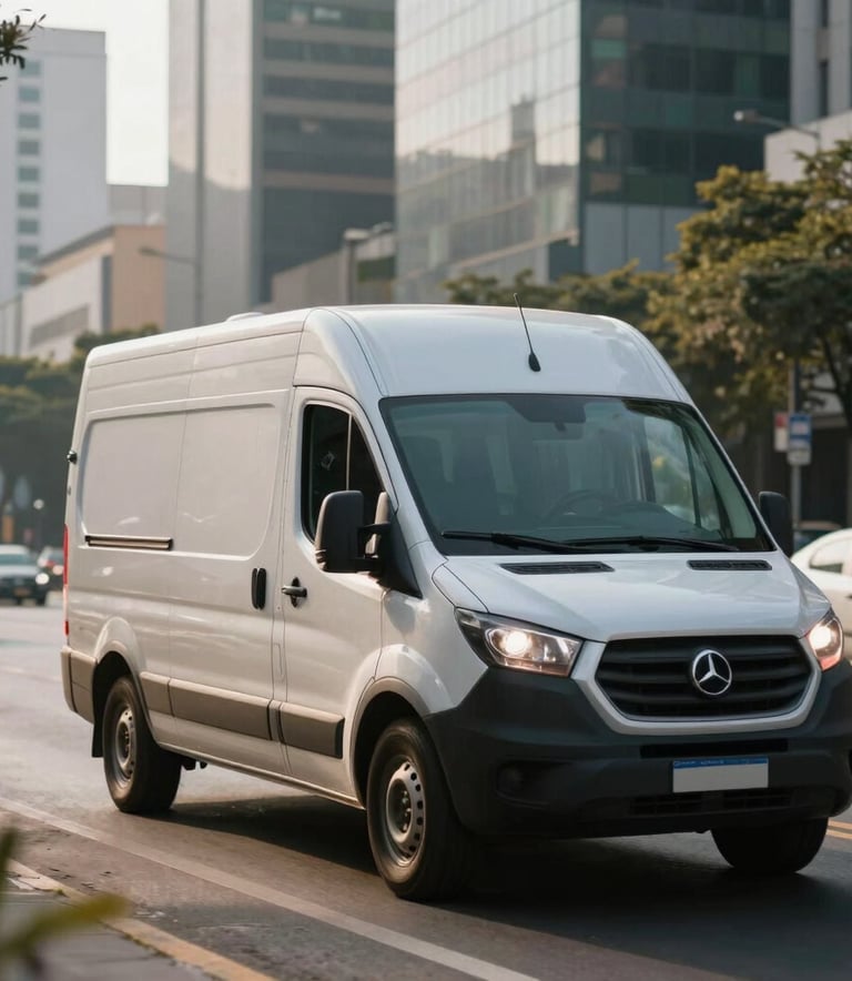 A modern silver delivery van driving through a clean, bustling South American business district, morning light, professional corporate photography style.