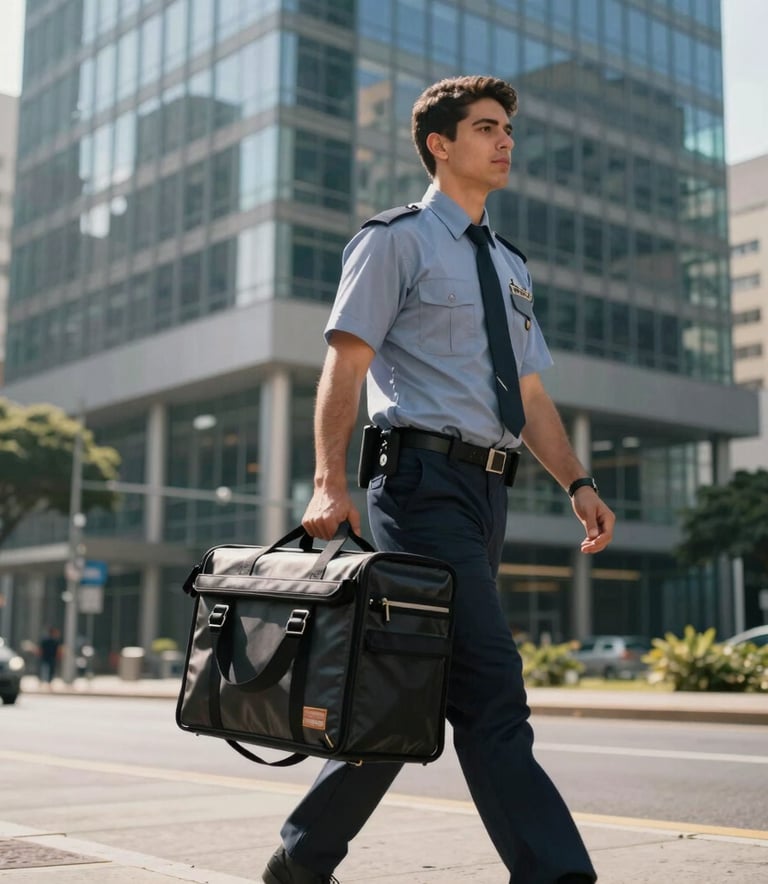 A logistical professional in a neat uniform carrying a secure courier bag, walking through a modern urban business district in a South American / Brazilian city. The lighting is crisp morning light, with steel blue and grey tones in the architecture behind them.