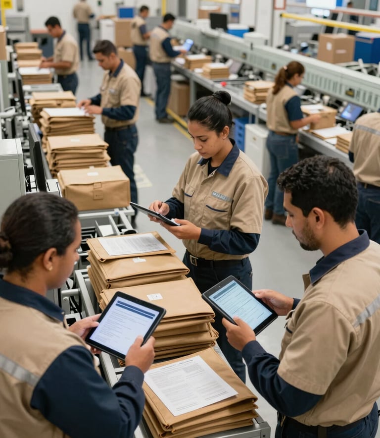 High-angle photography of a modern logistics sorting facility in Brazil, employees in professional tan and navy uniforms using digital tablets to scan document pouches, bright and efficient lighting.