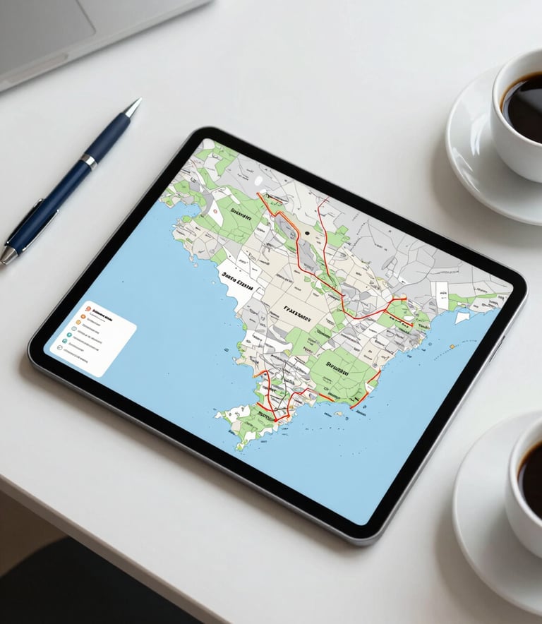 A high-angle professional photograph of a stylized map of the state of Santa Catarina, Brazil, displayed on a modern tablet screen. The screen is sitting on a clean, white minimalist desk next to a dark blue pen and a cup of coffee. Soft morning lighting, professional business atmosphere.