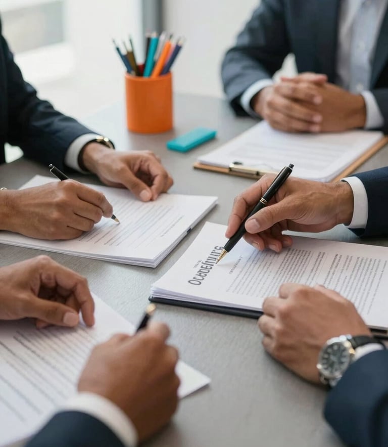 A close-up photograph of a professional meeting in a bright Brazilian office. Hands of South American professionals are seen reviewing documents on a gray textured table. Touches of orange and cyan blue appear in the stationery and decor. Clean and organized composition.