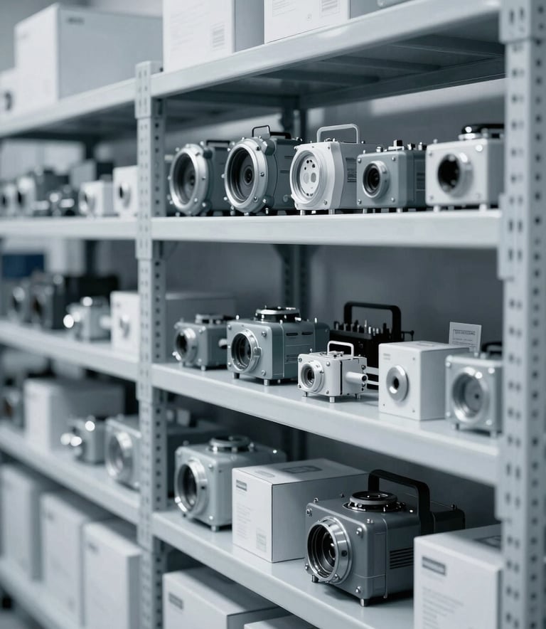 An organized warehouse shelf featuring high-tech aviation components and boxed spare parts. The composition is clean and minimalistic, showcasing technological reliability. Tones of #8BAAC7 and #F2F4F7 dominate the scene.