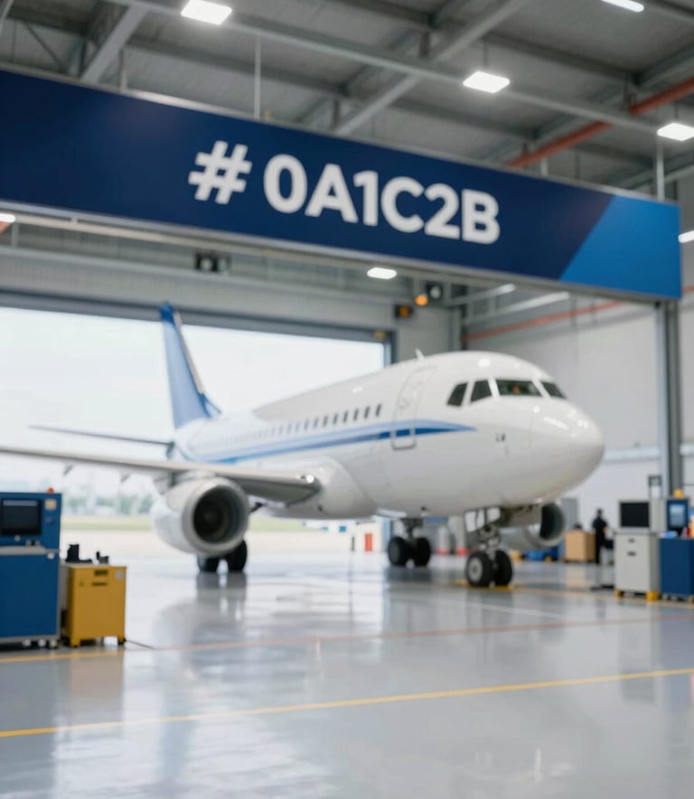 A sophisticated wide shot of a modern aircraft maintenance hangar, very clean and organized with precision tools visible. Lighting is bright and professional, incorporating the brand's navy (#0A1C2B) and blue (#2B4A6B) tones in the industrial floor and equipment. High-quality, sharp focus.
