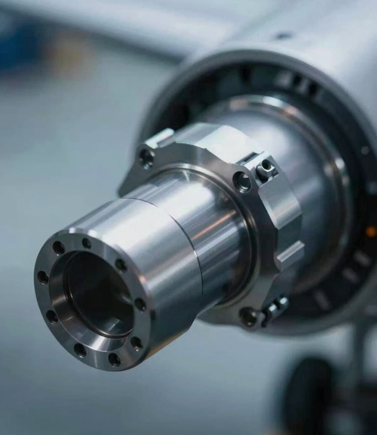 A macro shot of a precision-machined aircraft landing gear component. Sharp focus on technical details, emphasizing precision and reliability. Mood is authoritative and modern, with a palette of #2B4A6B and steel gray.