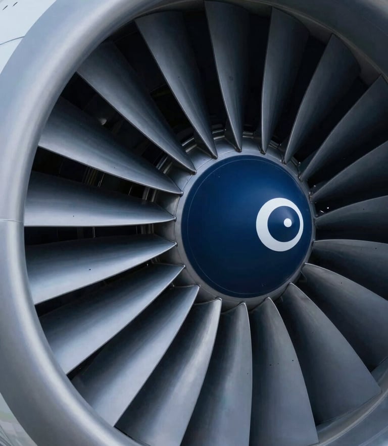 A close-up, high-tech shot of a jet engine turbine or a high-precision aerospace component. The lighting is cinematic with subtle metallic reflections. The color palette emphasizes deep blues (#0A1C2B) and cool greys (#F2F4F7), conveying innovation and meticulous engineering.