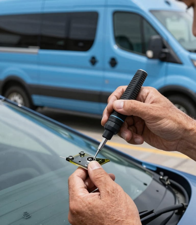 Close-up of a technician's hands applying a resin to a small windshield chip using specialized tools. An ocean steel blue mobile service van is visible in the background in a North American / US setting.