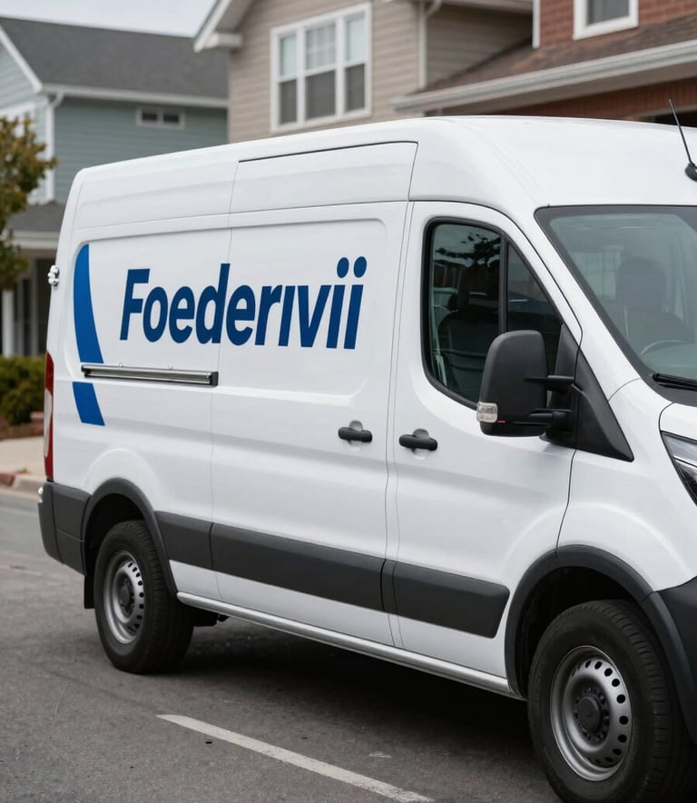 A clean, white mobile service van with professional branding in steel blue and deep navy blue, parked on a street in a North American / US neighborhood. The composition is professional and emphasizes the convenience of on-site service.