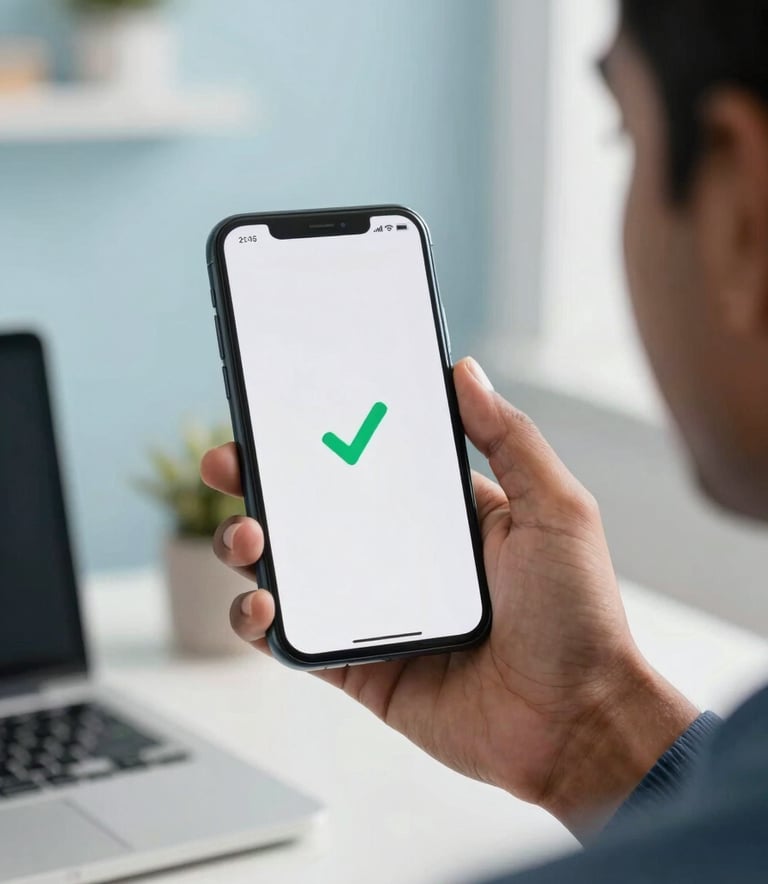 A close-up photograph of a South Asian / Indian person holding a modern smartphone. The screen displays a clear payment confirmation message with a checkmark. The background is a clean, bright home office with soft blue and white tones, creating a sense of financial security and success.