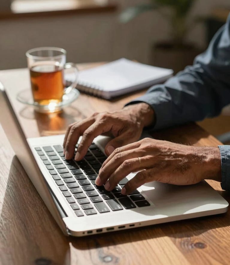 A close-up photograph of a South Asian professional's hands typing on a high-end laptop on a wooden desk, with a glass of tea and a notebook nearby in a sunlit home office.