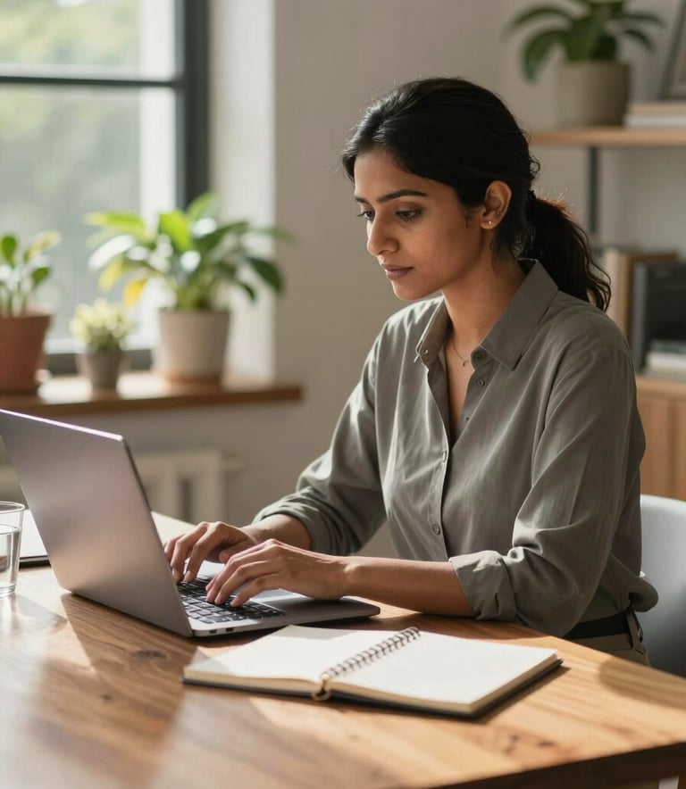A professional photograph of a South Asian / Indian female freelancer working on a laptop at a comfortable, modern wooden table. She is wearing a smart-casual outfit. Beside her is a notepad and a glass of water. The room is filled with natural sunlight and indoor plants, representing a peaceful remote work environment.