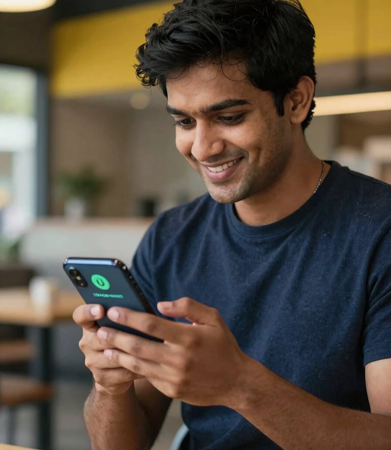 A smiling South Asian young adult looking at a smartphone screen, showcasing a successful UPI payment notification, in a modern urban indoor setting with navy and yellow color elements.