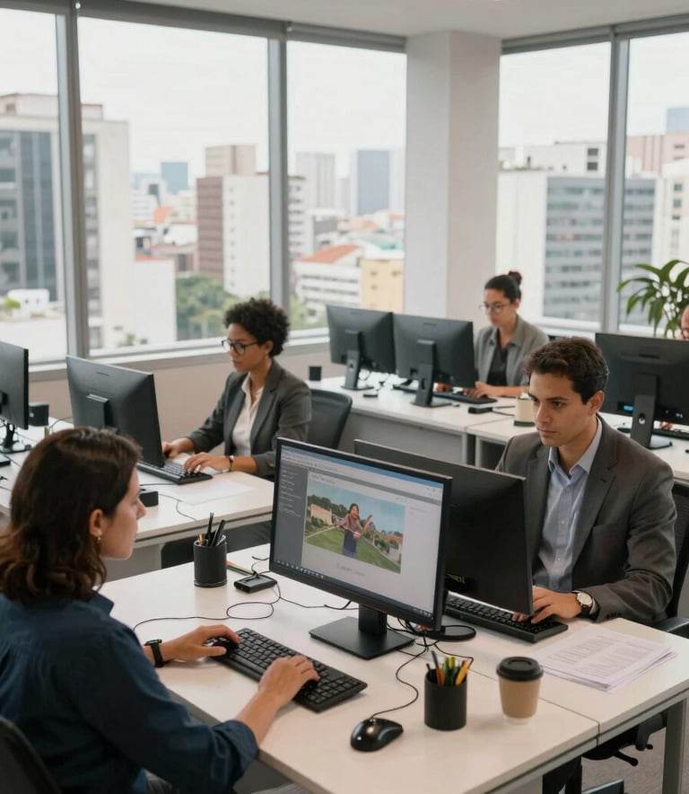 Wide shot of a contemporary tele-consulting floor in a Brazilian business center. Group of South American / Brazilian professionals working at clean, white desks with high-tech equipment. Large windows showing a cityscape of São Paulo, bright morning lighting, professional and calm atmosphere.