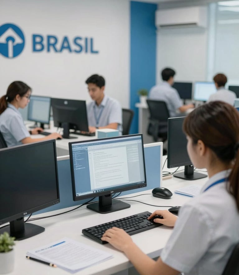Modern tele-consulting center in Brazil, featuring organized workstations, cerulean blue details, and a clean workspace, captured with soft focus.