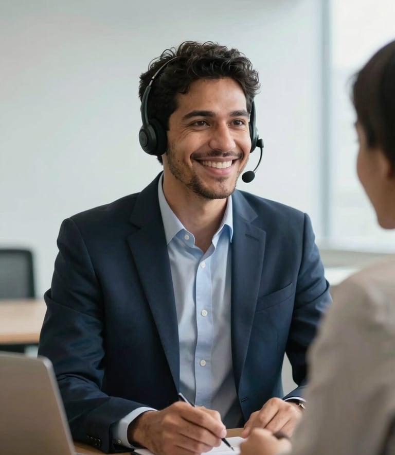 Medium shot of a South American / Brazilian professional consultant in a sharp dark navy suit using a modern headset, smiling warmly while talking to a client. The background is a clean, bright minimalist office in Brazil with soft natural light and subtle sky blue accents.