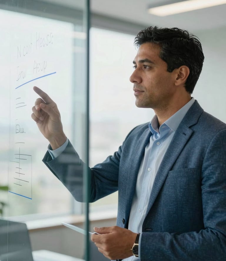 A professional South American consultant in a bright office with soft blue accents, explaining a strategy on a glass board, natural lighting, professional and trustworthy atmosphere.