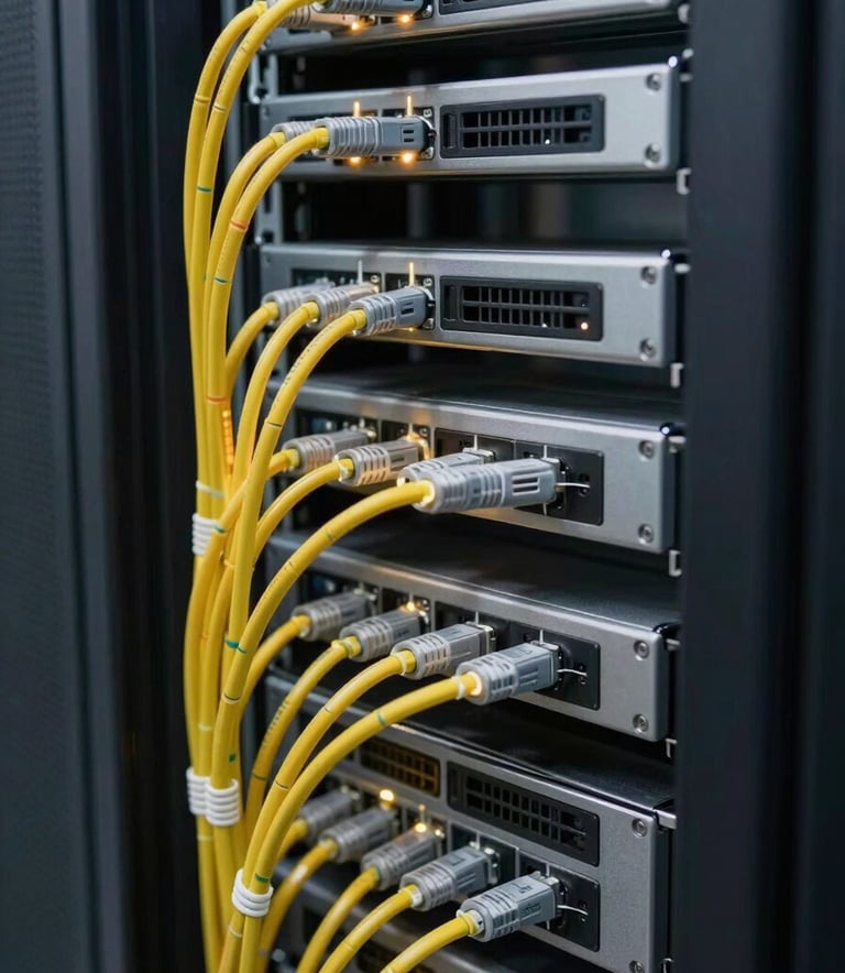 Close-up photography of organized high-speed server racks and glowing fiber optic cables in a clean, professional data center in the Middle Eastern / Gulf region. Natural lighting highlights crisp parchment surfaces.