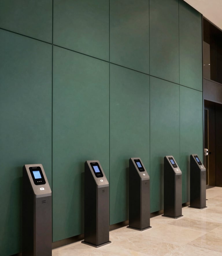 Wide-angle view of a modern building lobby in Muscat, featuring sleek integrated access control pedestals and discreet CCTV cameras. Refined aesthetic with matte forest green and charcoal dark details in a Middle Eastern / Gulf corporate setting.