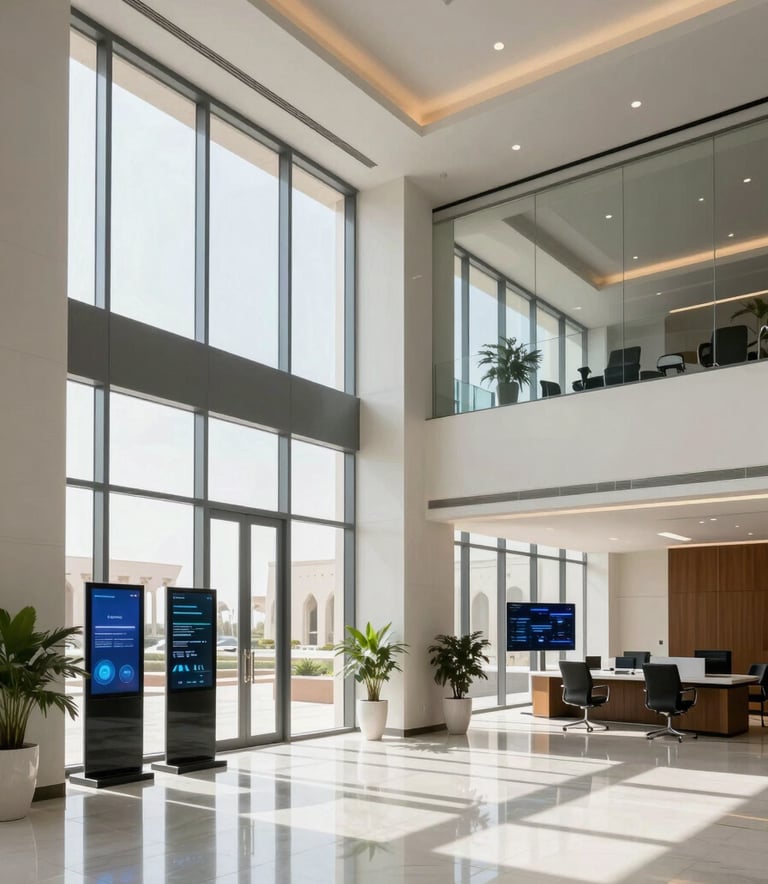 Wide shot of a sleek, modern corporate office interior in Muscat with Middle Eastern / Gulf architectural accents, featuring large glass windows and high-tech digital displays, bright natural lighting, reflecting a professional and innovative atmosphere.