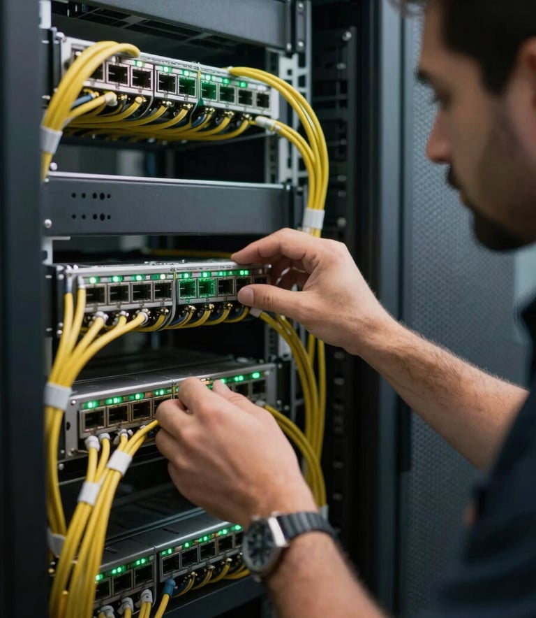 A professional technician in a high-tech server room in the Middle Eastern / Gulf region, inspecting neatly organized networking cables and racks with soft Matte Forest Green indicator lights, emphasizing precision and reliability.