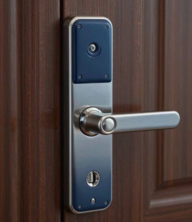 A close-up, professional photograph of a modern high-security deadbolt lock being installed on a polished dark wood door. The lighting is sharp and focused, emphasizing the precision of the hardware. The color palette includes metallic silvers and deep blues matching #1A2E35.