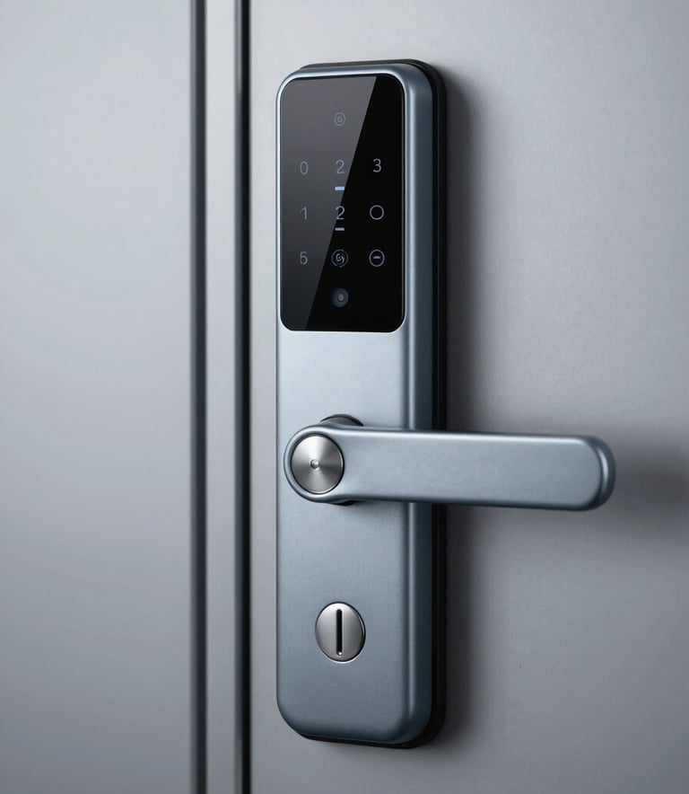 A close-up, high-detail shot of a sleek, modern electronic smart lock mounted on a robust steel door. The lighting is crisp and cool, emphasizing meticulous craftsmanship. The color palette features the professional #A8C3CC and #1A2E35 tones, projecting confidence and modern security expertise.