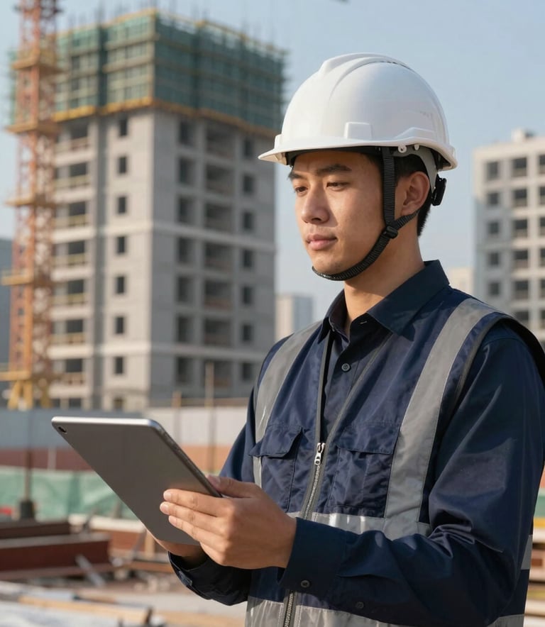 A construction manager wearing a clean off-white hard hat and a deep navy blue safety vest holding a tablet on a modern construction site. In the background, a new residential development rises under a clear sky.