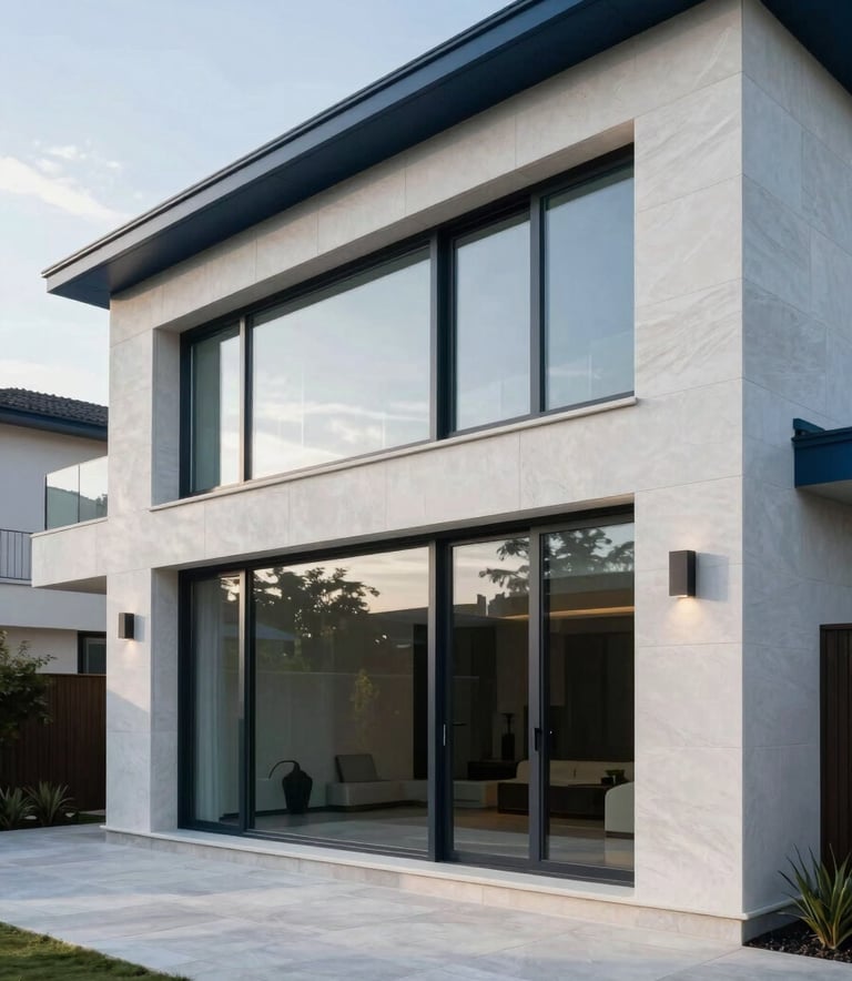 A sleek residential house featuring clean lines, large glass windows, and a sophisticated aesthetic. The exterior uses a palette of steel blue and soft cloud white stone.