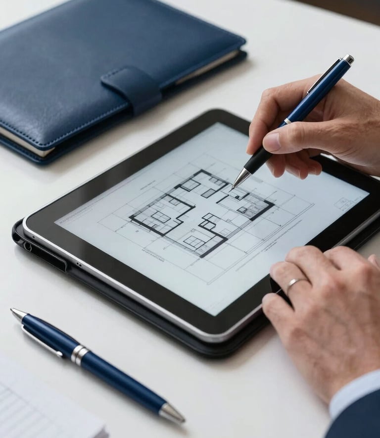 A close-up of a project manager’s hands using a digital tablet to review building plans. A deep navy leather folder and a steel blue pen lie on a clean white desk.