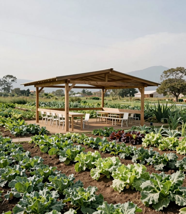 An outdoor classroom setting in a lush green farm in San Vicente, Nayarit. A wooden teaching pavilion surrounded by flourishing organic vegetable rows under a bright North American / Mexican sky. High-quality landscape photography with medium green and off-white accents.