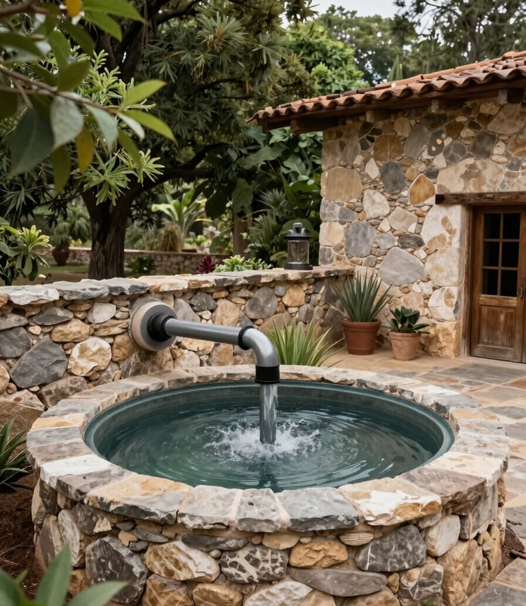 A detailed photograph of a professional rainwater harvesting system integrated into a rustic North American / Mexican farm architecture, surrounded by lush green foliage and gray tan stone walls.