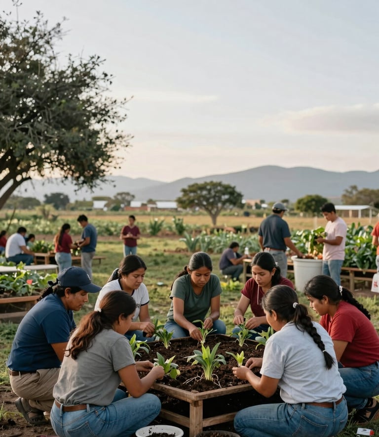 An inspiring wide shot of an outdoor classroom at a farm in San Vicente, Nayarit, where a group of people are learning about organic compost, North American / Mexican agricultural context, soft natural lighting.