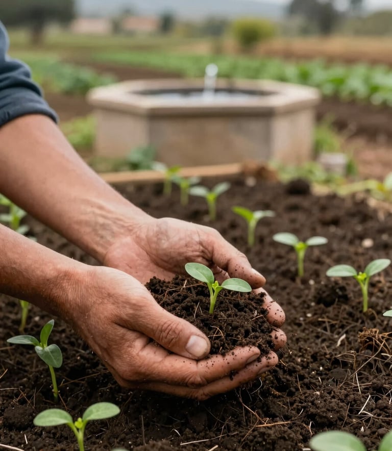 Close-up of hands showing rich dark organic soil and small seedlings on a sustainable farm in San Vicente, Nayarit. In the background, a rustic rainwater harvesting system is visible. Professional photography with soft morning light, featuring dark green and warm beige tones in a North American / Mexican agricultural setting.