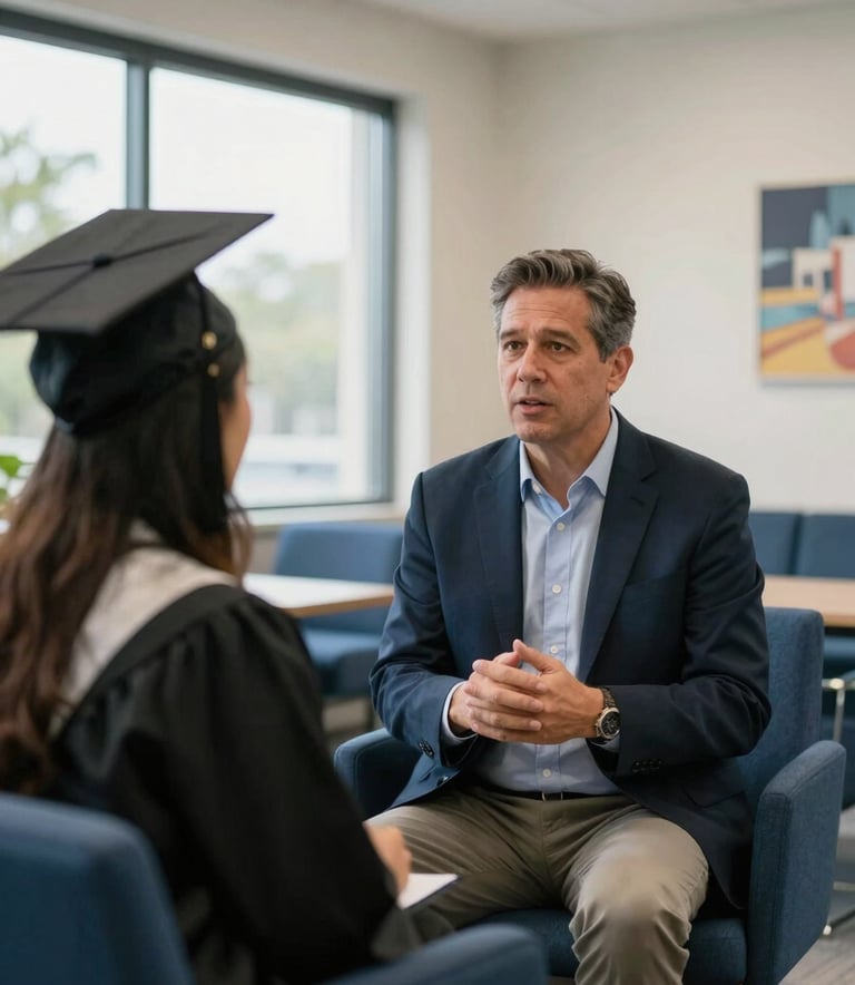 A professional photography shot of a mentor talking to a recent graduate in a modern North American / US / Florida student support office. The setting features professional blue furniture and soft off-white walls with natural light streaming through large windows. The mood is encouraging and trustworthy.
