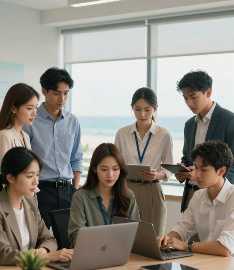 A diverse group of young adults in professional attire collaborating in a modern North American / US / Florida educational support office. The scene is bright and professional with muted sand gold and ocean blue color accents.