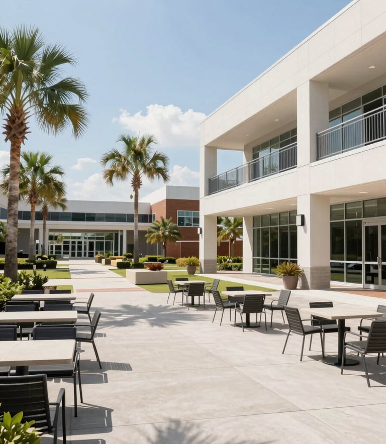 A wide, bright shot of a clean, modern North American / US / Florida campus courtyard with professional seating areas and palm trees in the distance. The lighting is crisp and welcoming.