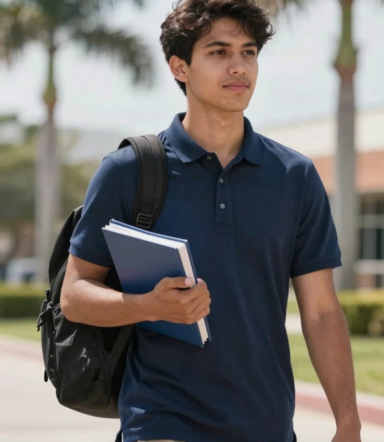 A professional photography shot of a responsible young adult carrying a backpack and textbooks, walking through a bright North American / US / Florida high school or college campus with palm trees. They are wearing a deep navy blue polo shirt.