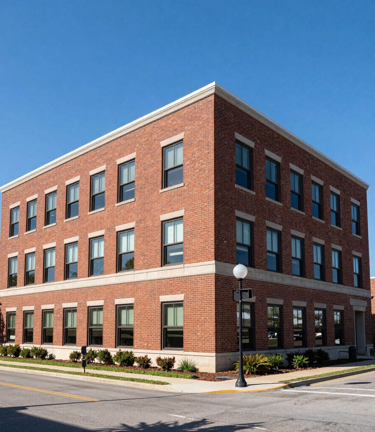 A well-maintained commercial brick office building on a sunny day in a North American suburban business district. The shot is a professional architectural photograph with clear blue skies and clean landscaping.