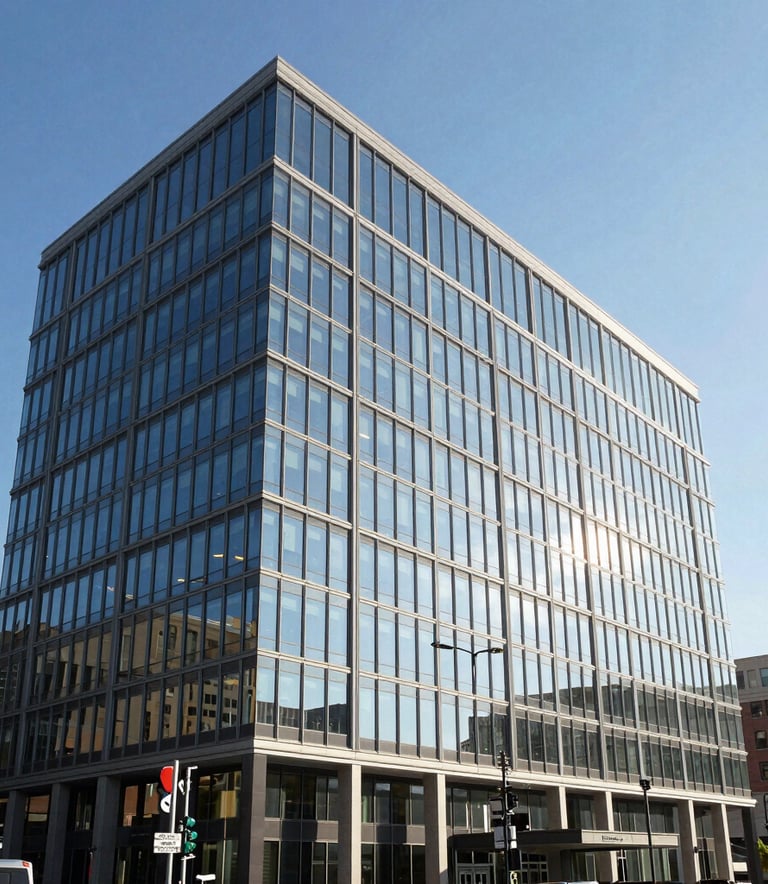 A medium-distance professional photograph of a modern commercial office building with glass windows, reflecting a clear blue sky, located in a clean North American downtown area, bright natural lighting, sharp focus.