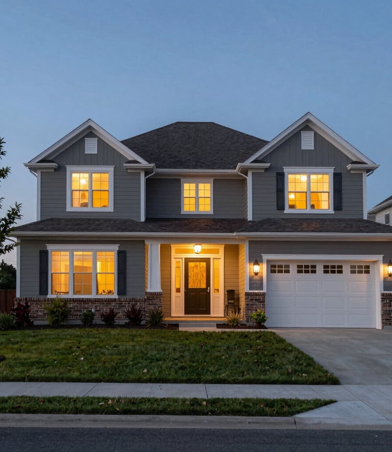 A beautiful North American suburban home at dusk with warm lights glowing from the windows and a manicured front lawn. Clean architectural lines in a professional real estate photography style.