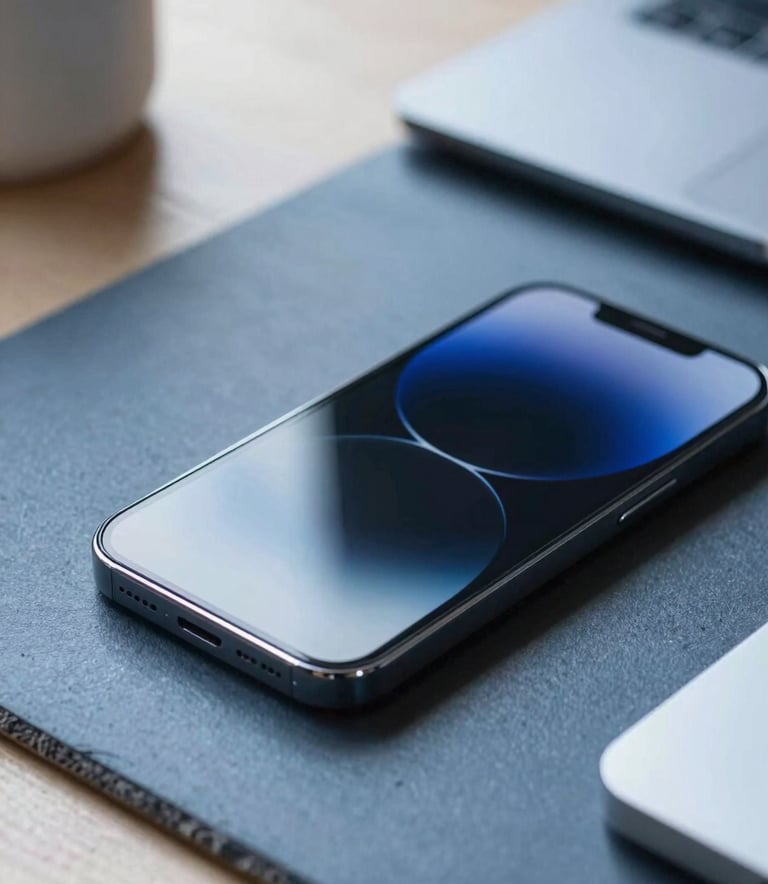 A close-up photograph of a sleek, modern mobile device on a slate blue surface in a minimalist North American / US office setting. Soft, natural light highlights the clean lines of the device. The color palette features navy blue and ice white tones.