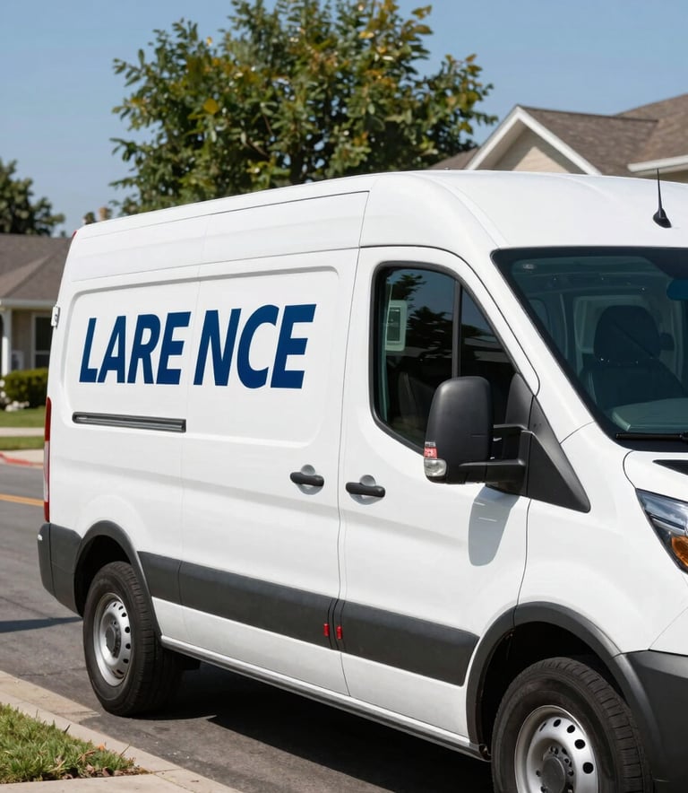 A professional mobile auto glass repair van with clean branding parked on a bright, sunny North American suburban street. The lighting is clear and natural, highlighting a trustworthy and efficient service atmosphere.